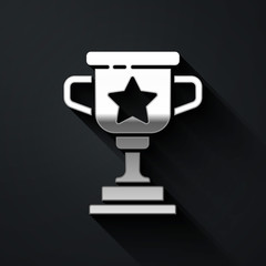 Silver Award cup icon isolated on black background. Winner trophy symbol. Championship or competition trophy. Sports achievement sign. Long shadow style. Vector.