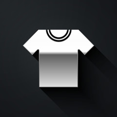 Silver T-shirt icon isolated on black background. Long shadow style. Vector.