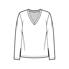 Cotton-jersey shirt technical fashion illustration with relaxed fit, plunging V-neckline, long sleeves. Flat outwear basic apparel template front, white color. Women, men, unisex top CAD mockup. 