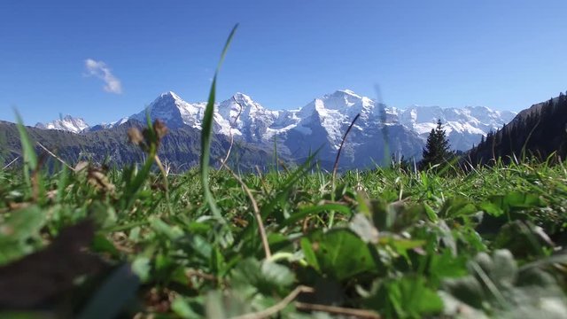 STATIC LOW ANGLE SHOT OF JUNGFRAU BEAUTIFUL SNOW CAPPED PEAKS