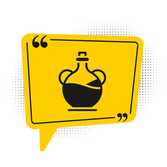Black Bottle of olive oil icon isolated on white background. Jug with olive oil icon. Yellow speech bubble symbol. Vector.