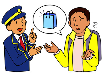 荷物を紛失して駅員に相談するアジア人男性