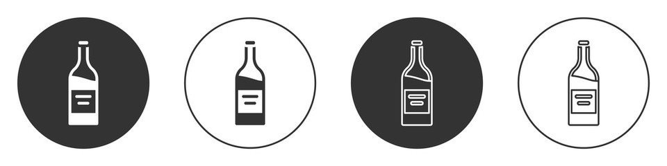 Black Bottle of wine icon isolated on white background. Circle button. Vector.