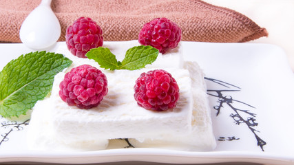 Ice cream with raspberry jam, raspberry berries close-up on the table