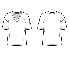 Naklejka premium Cotton-jersey t-shirt technical fashion illustration with plunging V-neckline, elbow sleeves, dropped shoulders. Flat outwear basic apparel template front back white color. Women men unisex top mockup
