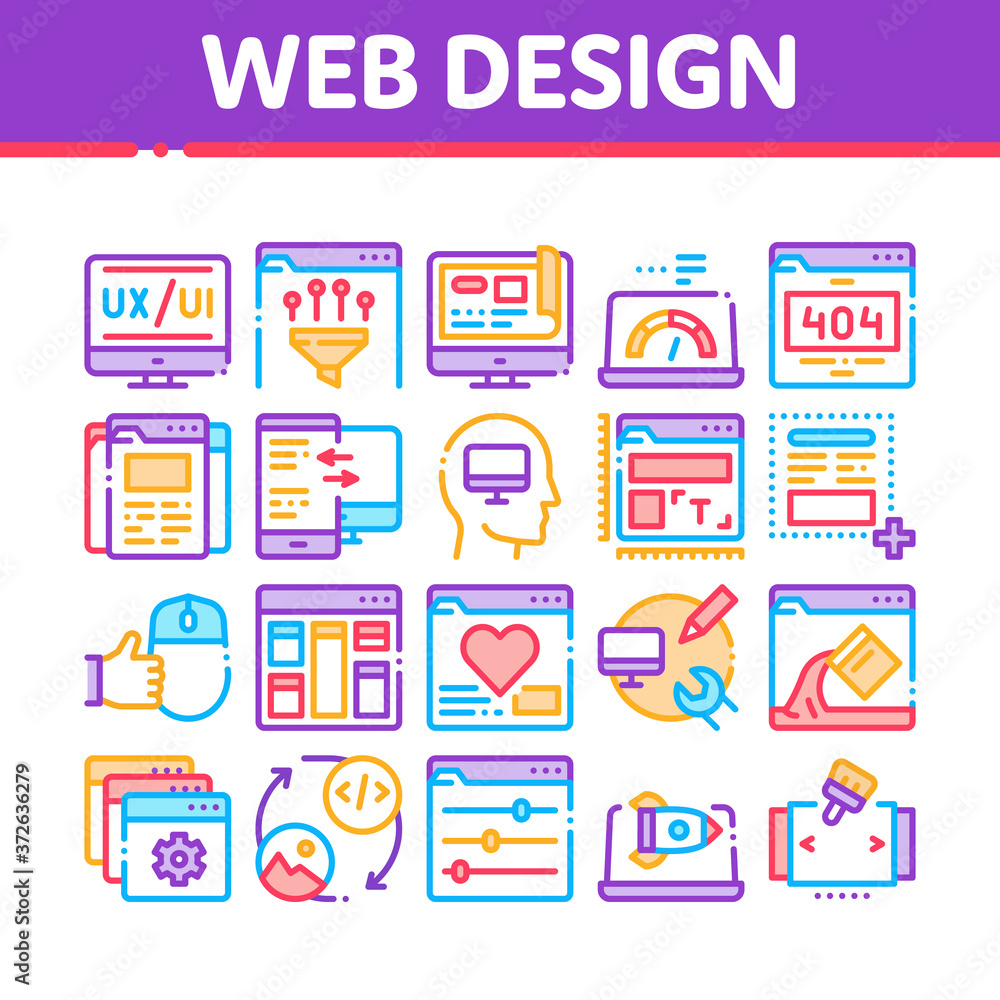 Poster web design development collection icons set vector. creative web design studio tool and settings, er