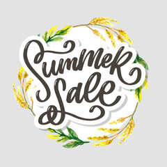 Trendy floral vector template. Summer flowers and Summer sale lettering illustration. Shabby gold texture on striped background.