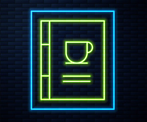 Glowing neon line Coffee book icon isolated on brick wall background. Vector Illustration.