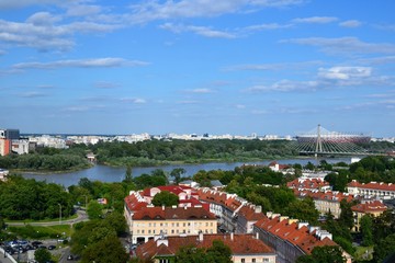 Warsaw city skyline, aerial view from the bell tower of the Saint Anne's church across the Vistula river. 18th century Mariensztat historic district houses
