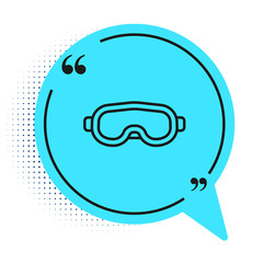 Black line Ski goggles icon isolated on white background. Extreme sport. Sport equipment. Blue speech bubble symbol. Vector Illustration.