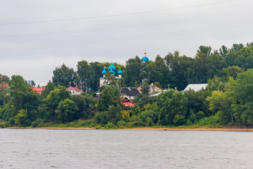 View of the Volga river with Savior church on a bank in Yaroslavl, Russia