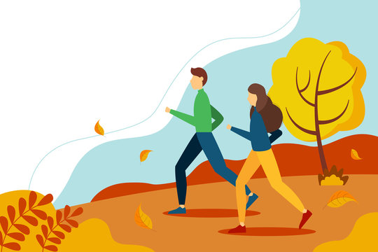 Man and woman running in the Park. Cute autumn illustration in flat style. 