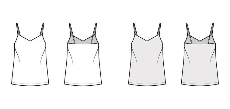 Camisole technical fashion illustration with flattering V-neck, straps, relaxed fit, tunic length. Flat outwear tank apparel template front, back, white grey color. Women, men unisex shirt top mockup