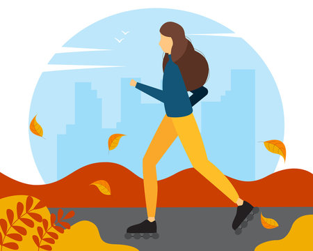 Woman riding on roller skates in the park. Autumn vector illustration in flat style. 