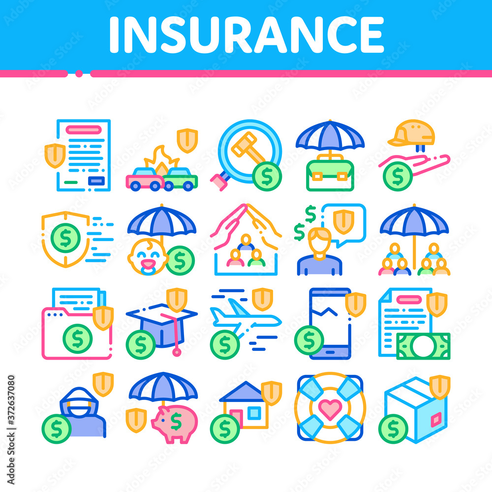 Canvas Prints Insurance All-purpose Collection Icons Set Vector. Insurance Agreement For Protection House And Car, Health And Life, Phone And Lost Work Concept Linear Pictograms. Color Contour Illustrations