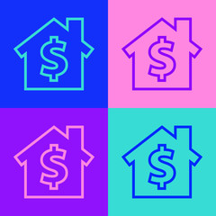 Pop art line House with dollar symbol icon isolated on color background. Home and money. Real estate concept. Vector Illustration.