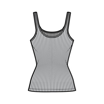 Ribbed cotton-jersey tank technical fashion illustration with scoop neck, close fit knit, tunic length. Flat outwear camisole apparel template front grey color. Women men unisex shirt top CAD mockup