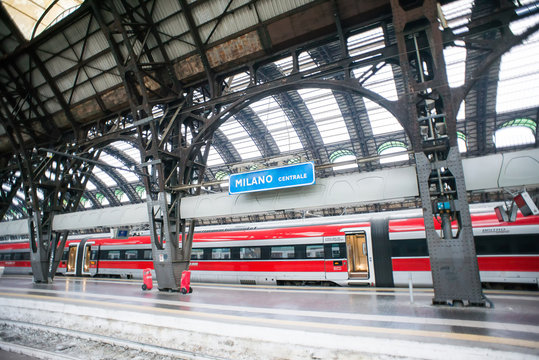 Milan. Italy - July 18, 2019: Milan Central Station Interior View. Blue Sign with Name of Station.