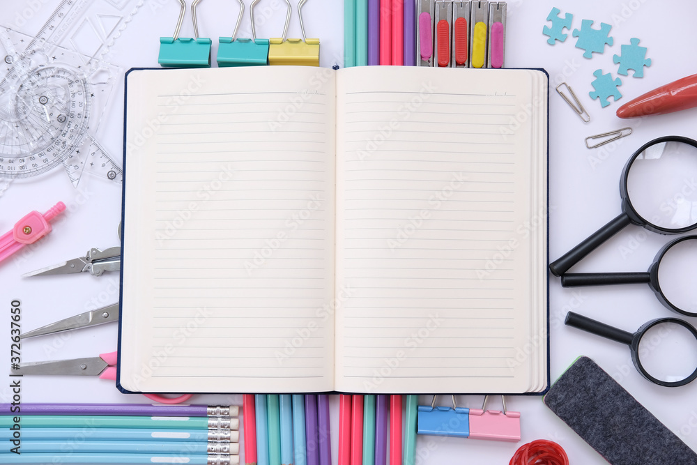 Poster notebook and smartphone on wood table and space for text