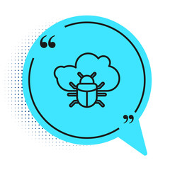 Black line System bug on a cloud icon isolated on white background. Cloud computing design concept. Digital network connection. Blue speech bubble symbol. Vector.
