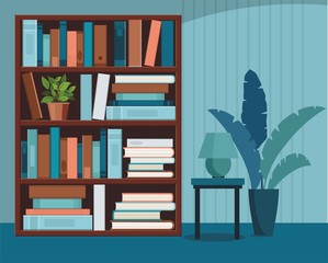 Bookshelve with books. Home interior. Library and education concept. - 372637813