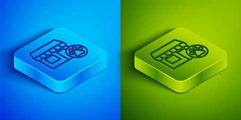 Isometric line Veterinary medicine hospital, clinic or pet shop for animals icon isolated on blue and green background. Vet or veterinarian clinic. Square button. Vector.