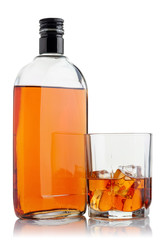bottle with alcohol and a glass with ice cubes