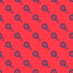 Blue line Magnifying glass for search a people icon isolated seamless pattern on red background. Recruitment or selection concept. Search for employees and job. Vector.