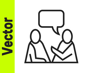 Black line Two sitting men talking icon isolated on white background. Speech bubble chat. Message icon. Communication or comment chat symbol. Vector.