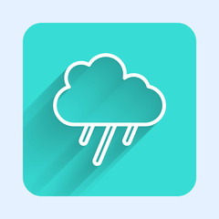White line Cloud with rain icon isolated with long shadow. Rain cloud precipitation with rain drops. Green square button. Vector.
