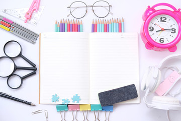 Top view table office workspace for text, notebook paper and other work supplies for text