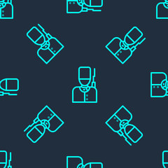 Green line British guardsman with bearskin hat marching icon isolated seamless pattern on blue background. Vector.