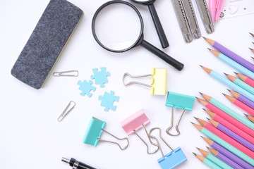 Top view table office workspace for text, notebook paper and other work supplies for text