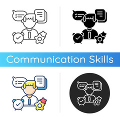 Organizational skills icon. Linear black and RGB color styles. Effective planning, time management, multitasking. Organized company employee, business manager isolated vector illustrations