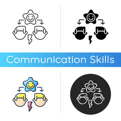 Conflict resolution icon. Linear black and RGB color styles. Communication skills, problem solving, reconciliation. Family therapy, consultation service. Isolated vector illustrations