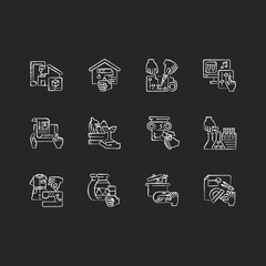DIY chalk white icons set on black background. 3D building model. House renovation. Hobby electrical project. Professional restoration service. Cook food. Isolated vector chalkboard illustrations