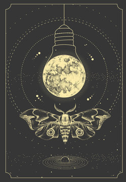 Modern magic witchcraft taros card with butterfly and full moon like light bulb on outer space background. Vector illustration