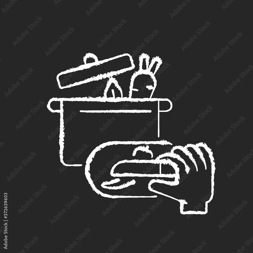 Sticker DIY cooking chalk white icon on black background. Homemade food recipe. Prepare vegetarian soup. Broth for lunch with veggies. Cafe meal. Family cooking. Isolated vector chalkboard illustration