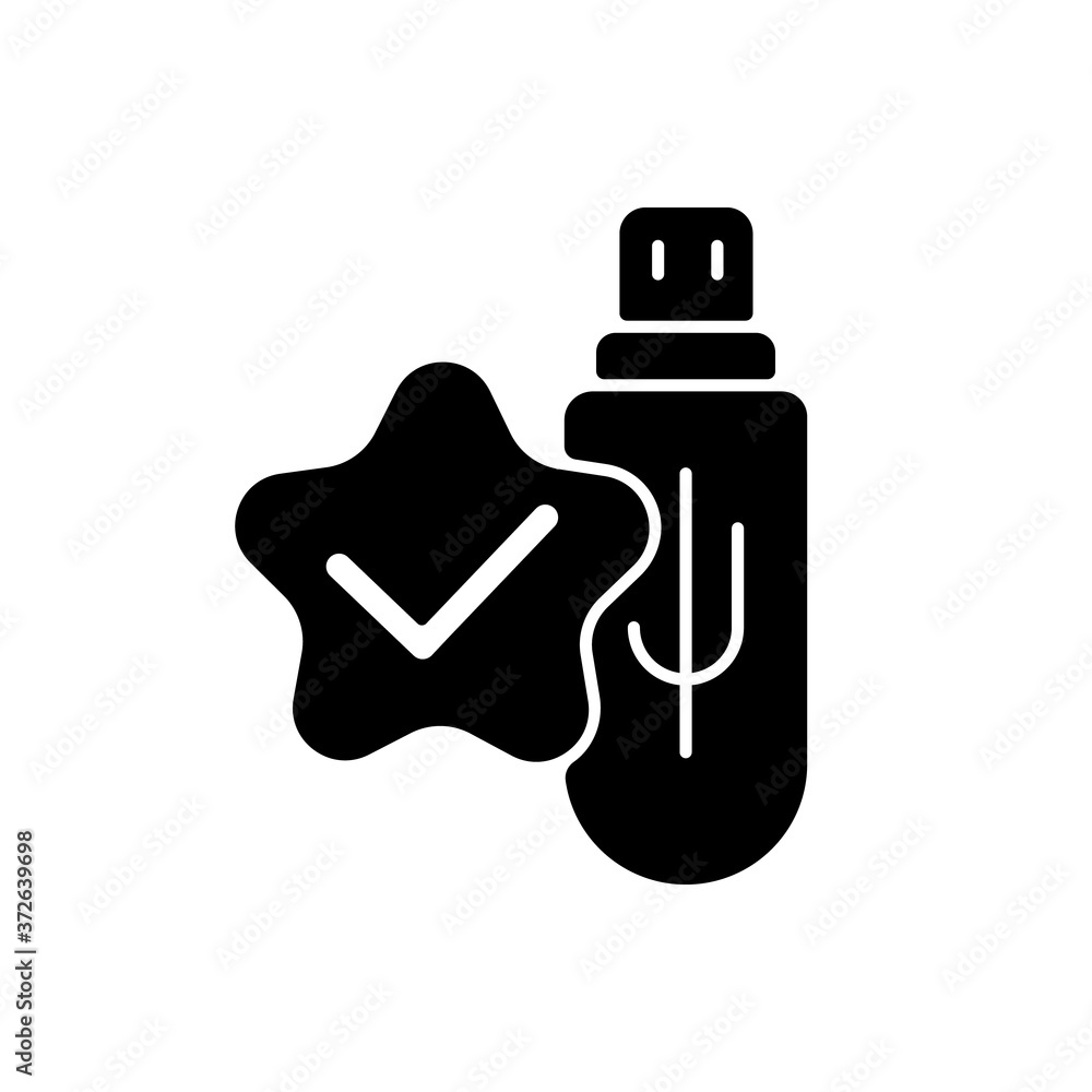 Poster usb connection check black glyph icon. portable flash memory. data transfer completed. plug storage 