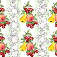 Seamless background with the image of fruit. Gifts of nature in a chaotic arrangement close-up. Theme of summer and healthy food. Illustration for printing on paper or fabric.