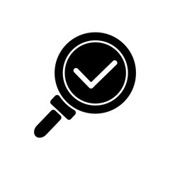 Discovery black glyph icon. Magnifying glass with checkmark. Research completed. Zoom with loupe. Right answer. Diagnostic confirmed. Silhouette symbol on white space. Vector isolated illustration