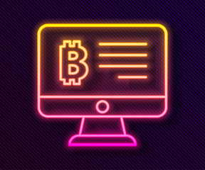 Glowing neon line Mining bitcoin from monitor icon isolated on black background. Cryptocurrency mining, blockchain technology service. Vector.