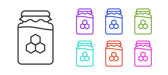 Black line Jar of honey icon isolated on white background. Food bank. Sweet natural food symbol. Set icons colorful. Vector.