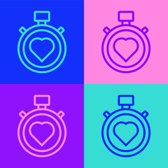 Pop art line Heart in the center stopwatch icon isolated on color background. Valentines day. Vector.