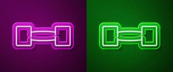 Glowing neon line Dumbbell icon isolated on purple and green background. Muscle lifting icon, fitness barbell, gym, sports equipment, exercise bumbbell. Vector.