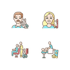 Hair and body care RGB color icons set. Men haircutting. Women hairstyling. Massage therapy. Wellness studio. Hairdresser service. Beautician services. Isolated vector illustrations