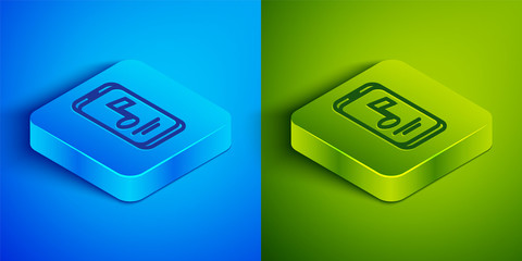 Isometric line Music player icon isolated on blue and green background. Portable music device. Square button. Vector.