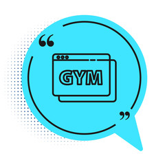Black line Online fitness and training icon isolated on white background. Blue speech bubble symbol. Vector.