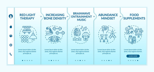 Biohacking tips onboarding vector template. Mind and body hacking, self improvement. DIY biology responsive mobile website with icons. Webpage walkthrough step screens. RGB color concept
