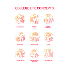 College life red gradient concept icons set. Tuition cost. Tough schedule. Sophomore, junior and senior. Student living idea thin line RGB color illustrations. Vector isolated outline drawings